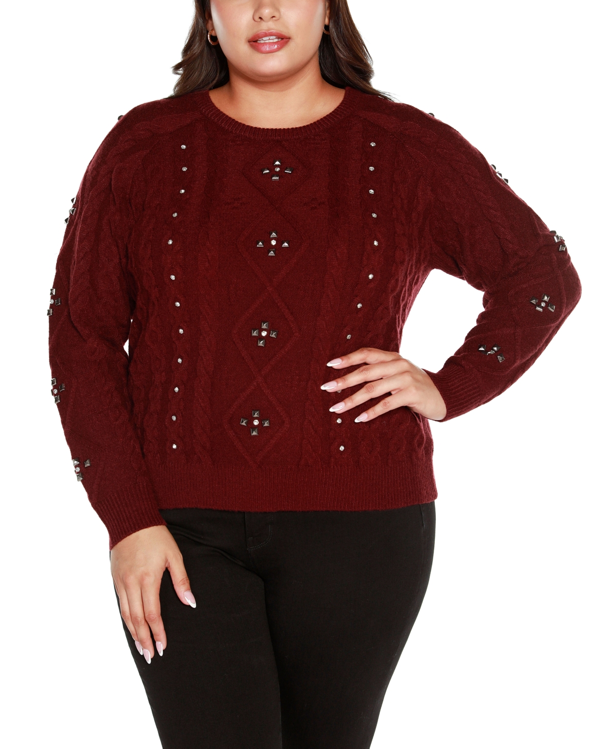 BELLDINI BLACK LABEL PLUS SIZE EMBELLISHED CABLE KNIT SWEATER