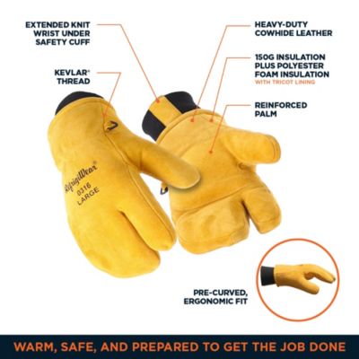 Men's Heavy-Duty 3-Finger Mitt with Double Cuff - Insulated Leather Gloves for Extreme Cold Protection