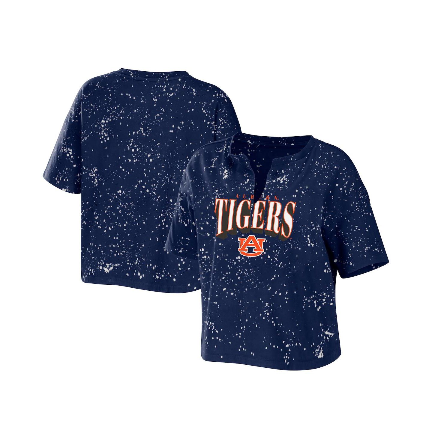 Женская футболка WEAR by Erin Andrews Navy Auburn Tigers Bleach Wash Splatter Cropped Notch Neck — фото 1