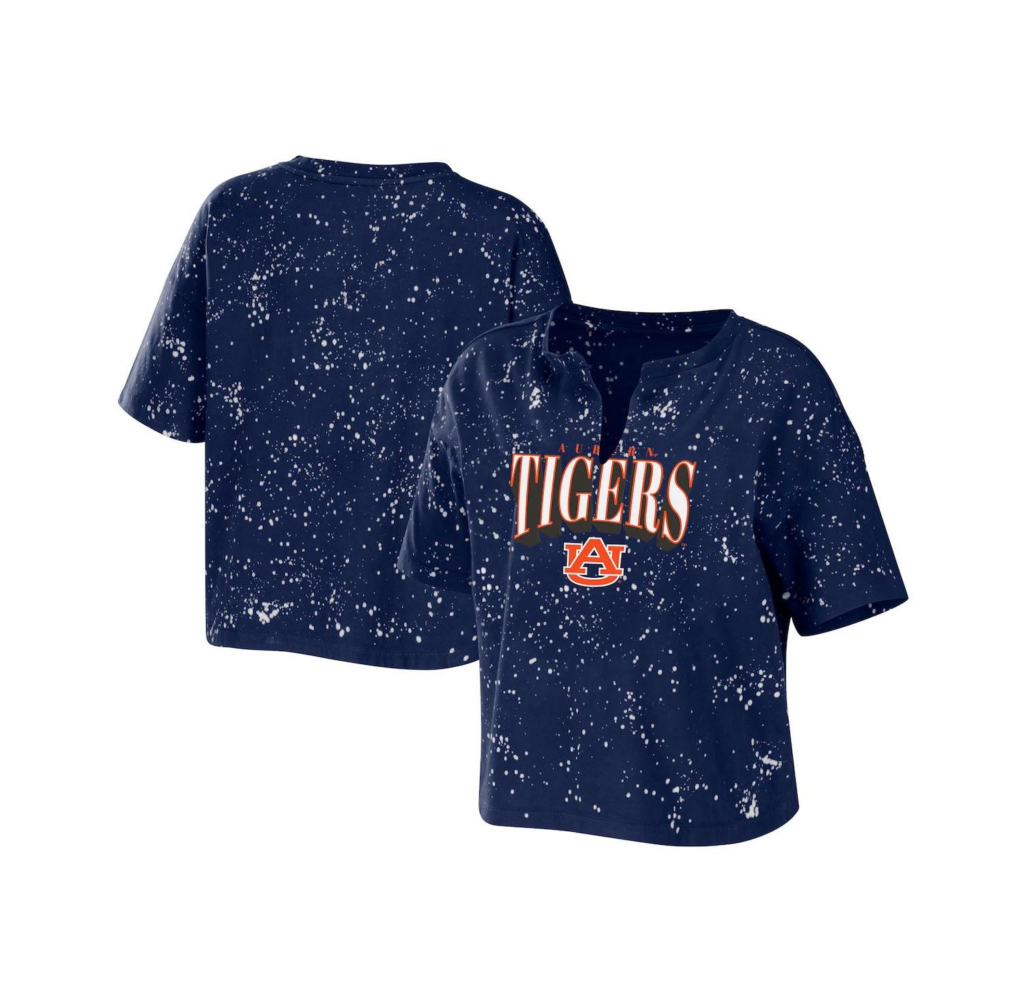 Women's Navy Auburn Tigers Bleach Wash Splatter Cropped Notch Neck T-shirt