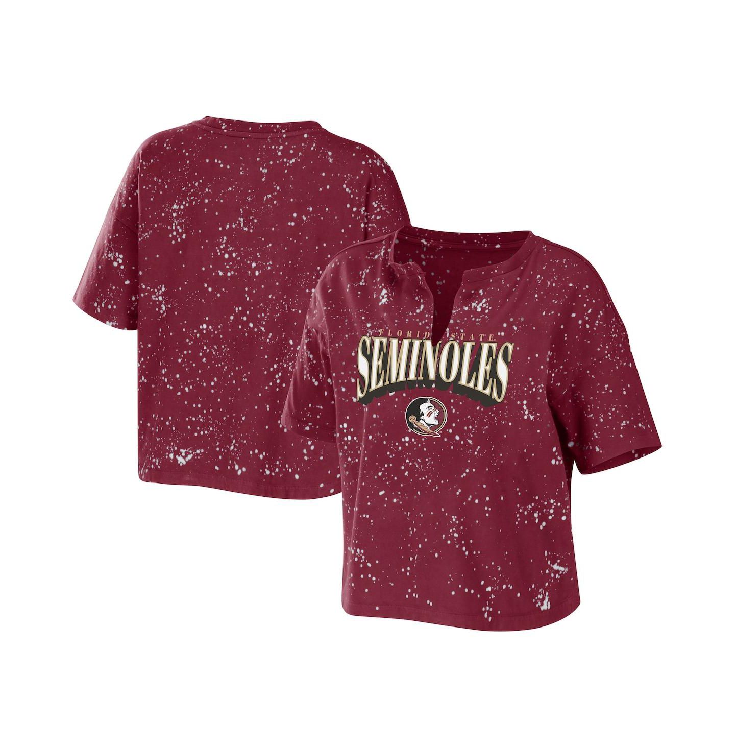 Женская футболка WEAR by Erin Andrews Garnet Florida State Seminoles Bleach Wash Splatter Cropped Notch Neck — фото 1