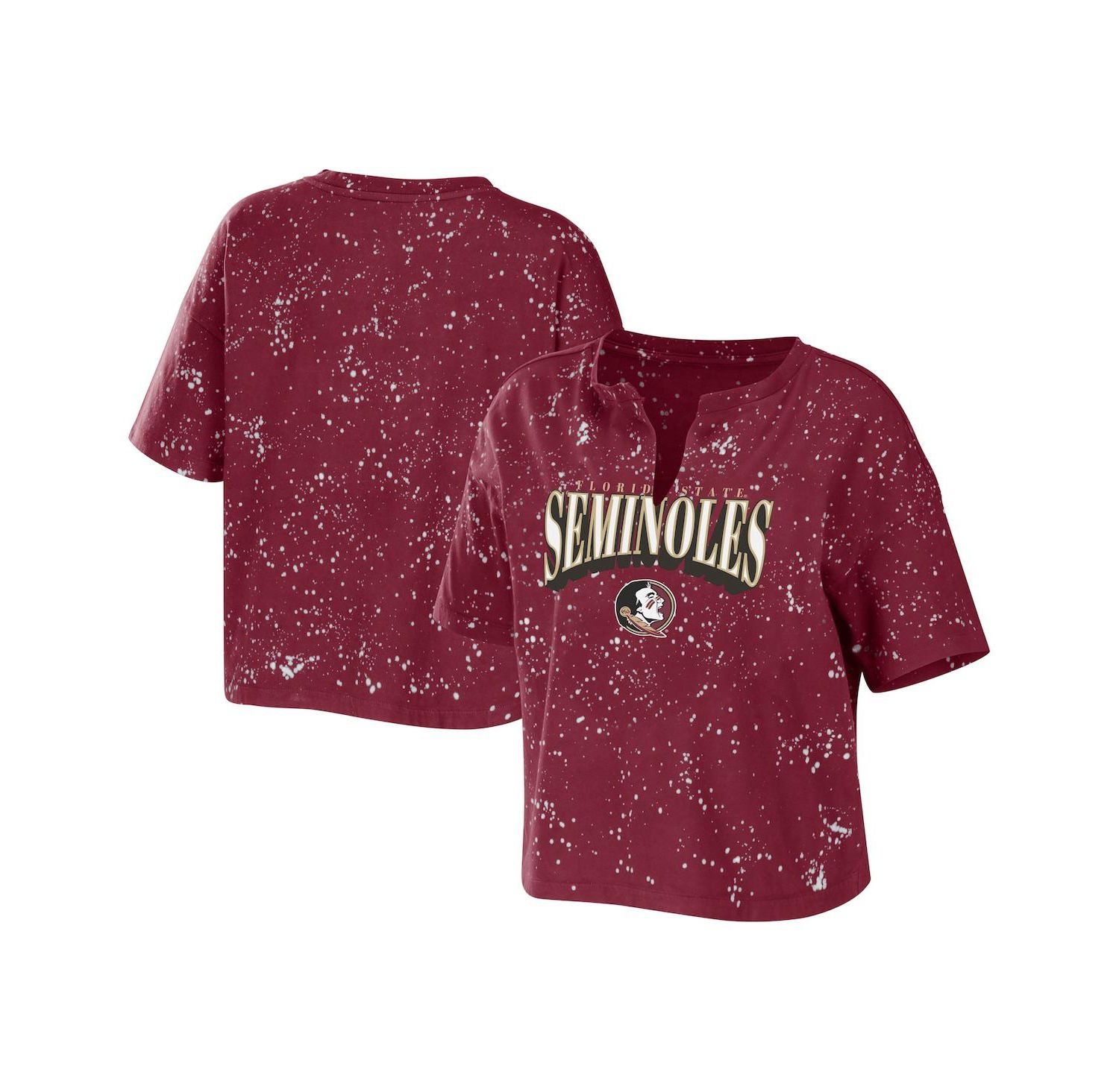Women's Garnet Florida State Seminoles Bleach Wash Splatter Cropped Notch Neck T-shirt