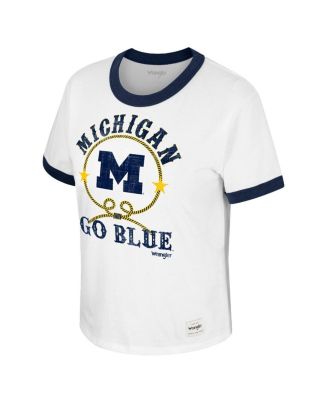 Women's x Wrangler White Distressed Michigan Wolverines Freehand Ringer T-shirt