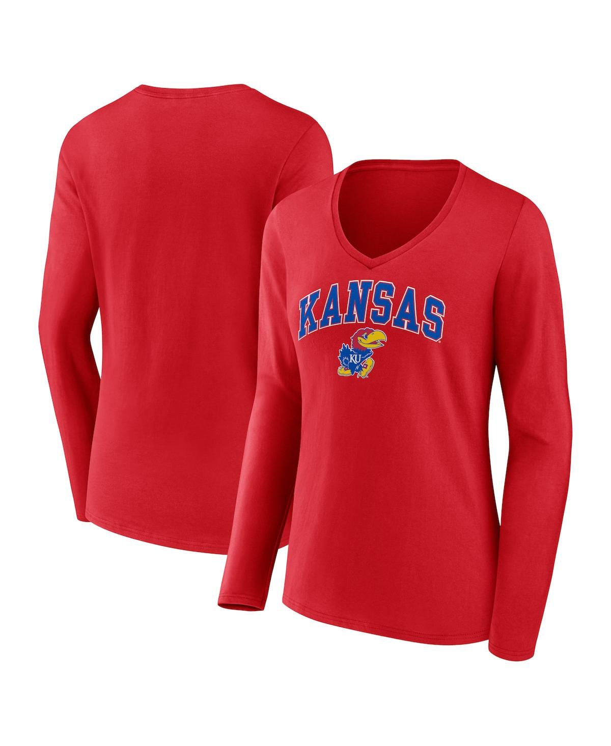 Fanatics Women's  Red Kansas Jayhawks Evergreen Campus Long Sleeve V-neck T-shirt