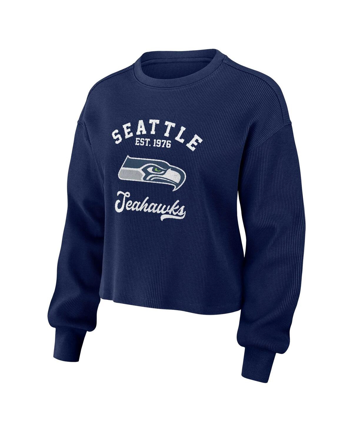 Shop Wear By Erin Andrews Women's  Navy Distressed Seattle Seahawks Waffle Knit Long Sleeve T-shirt And Sh