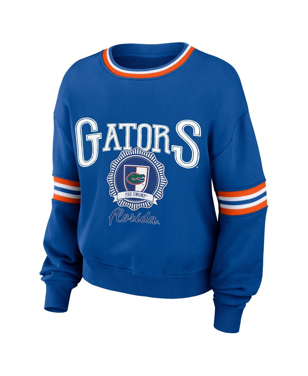 WEAR BY ERIN ANDREWS WOMEN'S WEAR BY ERIN ANDREWS ROYAL DISTRESSED FLORIDA GATORS VINTAGE-LIKE PULLOVER SWEATSHIRT 
