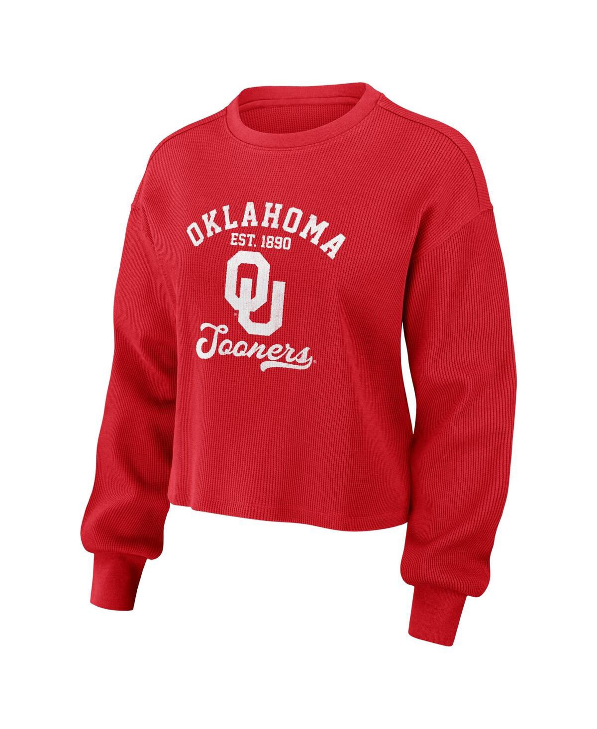 Shop Wear By Erin Andrews Women's  Crimson Distressed Oklahoma Sooners Waffle Knit Long Sleeve T-shirt And