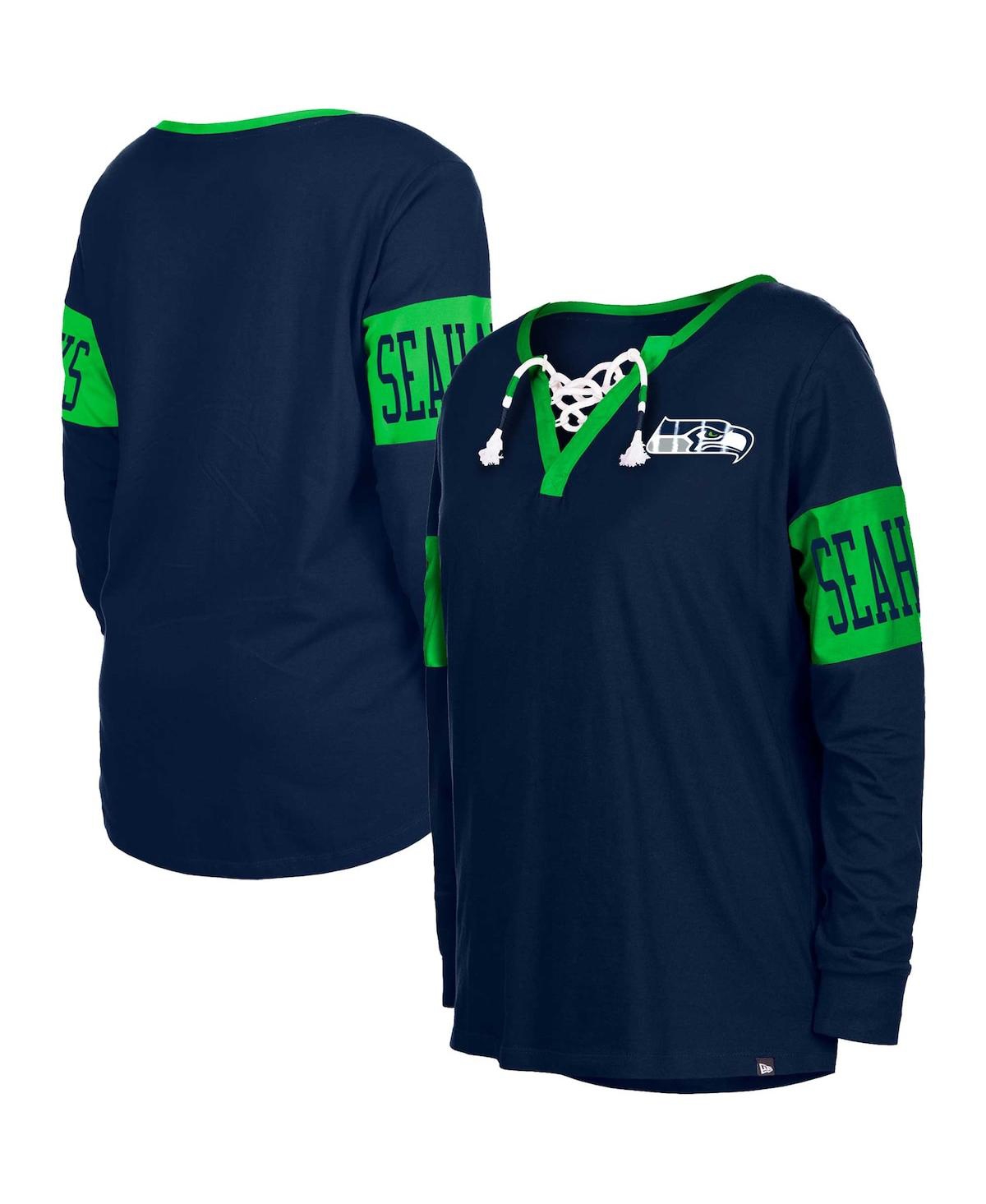 New Era Women's  College Navy Seattle Seahawks Lace-up Notch Neck Long Sleeve T-shirt