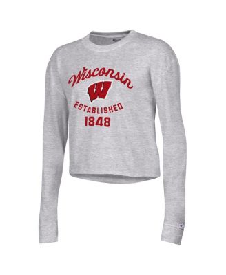 Women's Gray Wisconsin Badgers Boyfriend Cropped Long Sleeve T-shirt