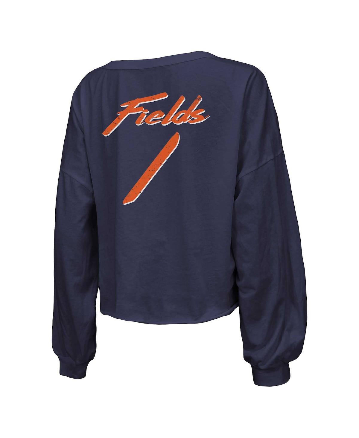Majestic Women's  Threads Justin Fields Navy Distressed Chicago Bears Name And Number Off-shoulder Sc In Navy