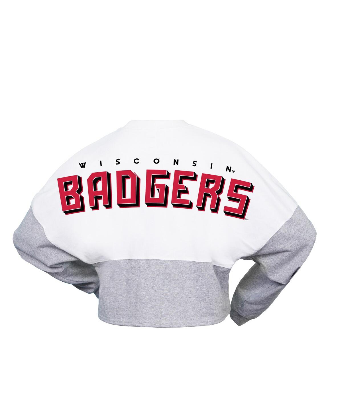 Shop Spirit Jersey Women's  White Wisconsin Badgers Heather Block Cropped Long Sleeve Jersey T-shirt