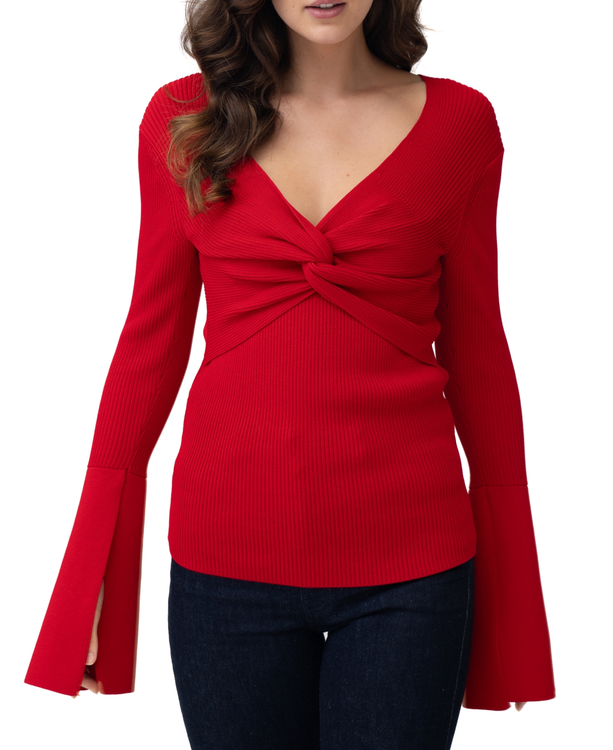 Adrienne Landau Women's Twist-front Bell-sleeve Ribbed Knit Sweater In Medium Red