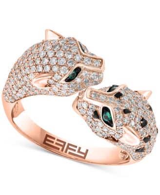EFFY Collection - Diamond (1-1/20 ct. t.w.) & Emerald (1/20 ct. t.w.) Double Panther Head Ring in 14k Rose Gold