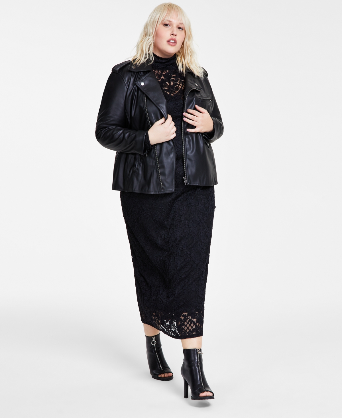 Plus Size Faux-Leather Long-Sleeve Moto Jacket, Created for Macy's - Deep Black