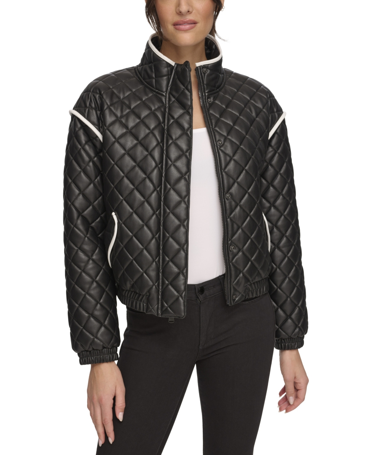 Women's Quilted Faux Leather Bomber Jacket With Contrast Trim - Black