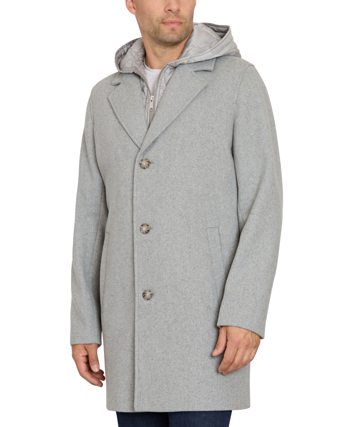 Shop Sam Edelman Men's Single Breasted Coat With Quilted Bib In Grey Melange