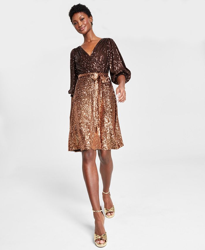 DKNY Women's Ombre-Sequin Fit & Flare Wrap Dress - Macy's
