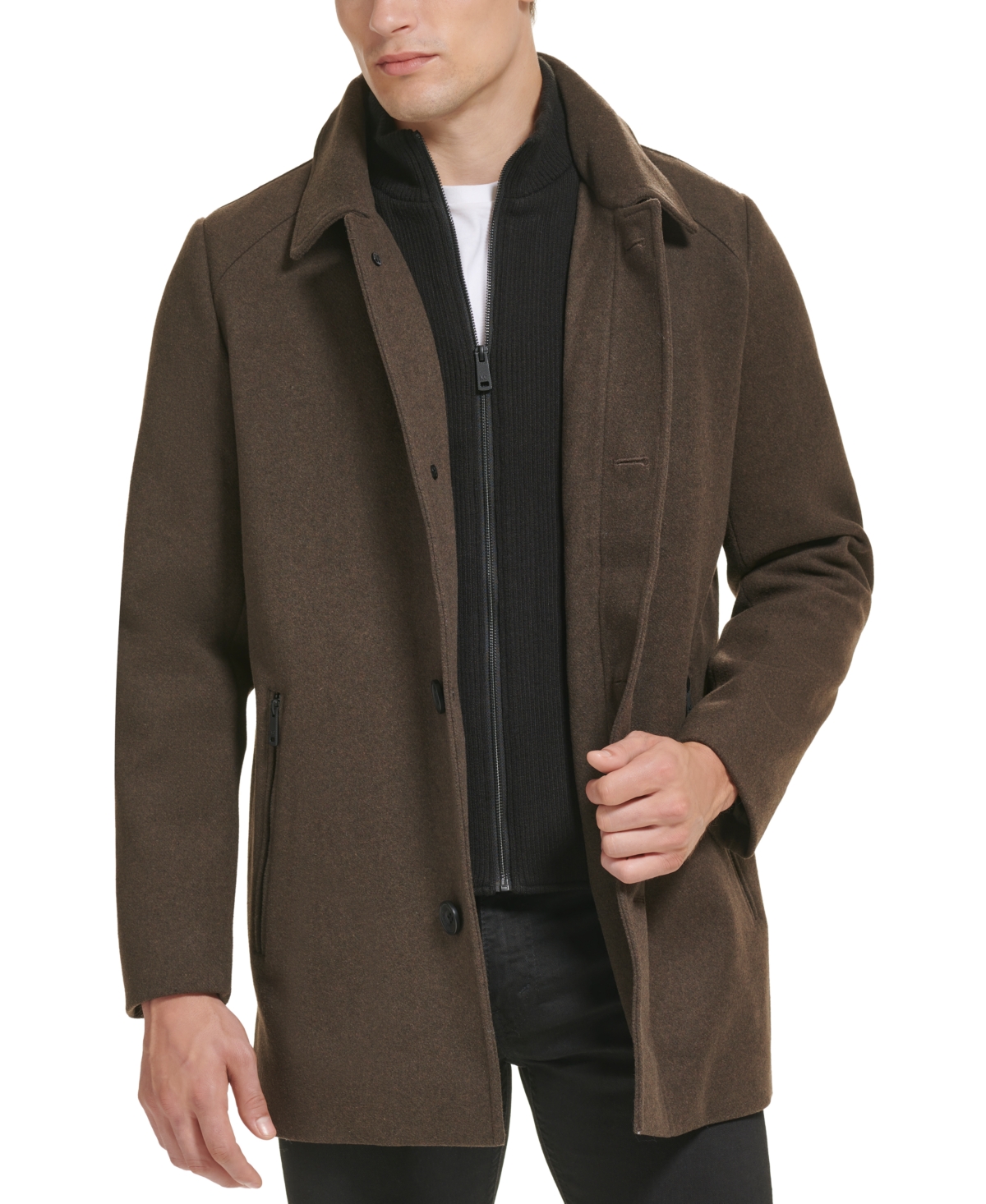 Kenneth Cole Men's Stand-collar Zip-bib Button Car Coat In Med Brown