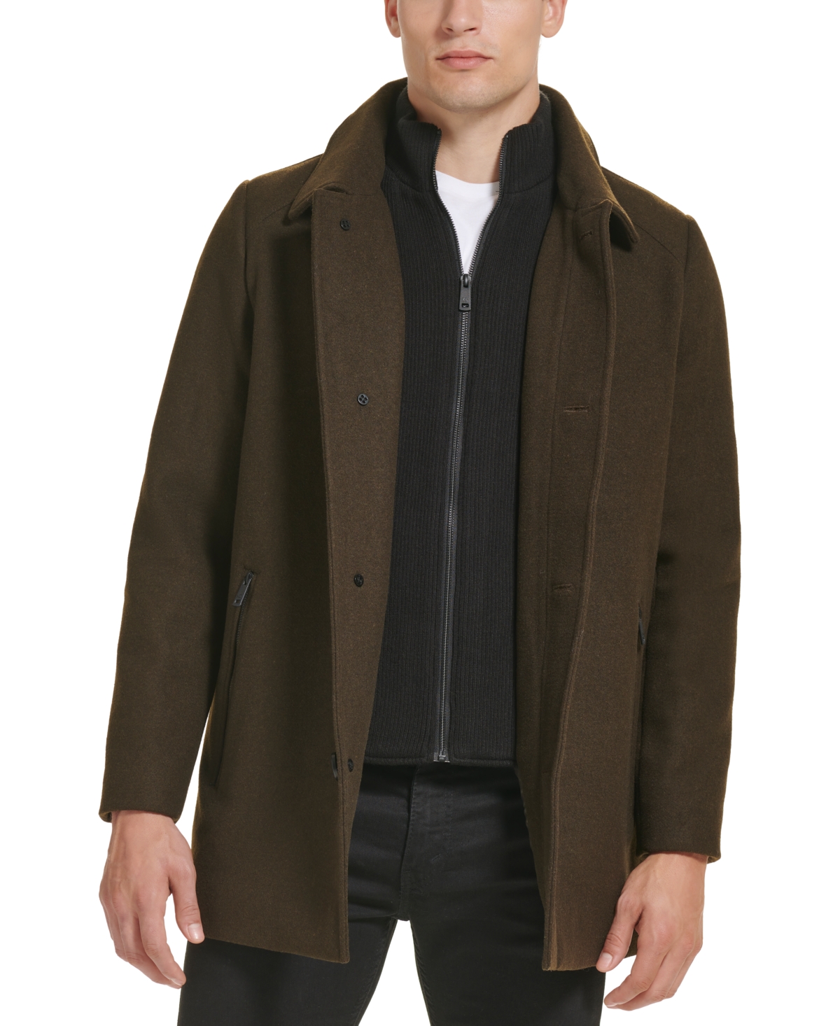 Kenneth Cole Men's Stand-collar Zip-bib Button Car Coat In Olive