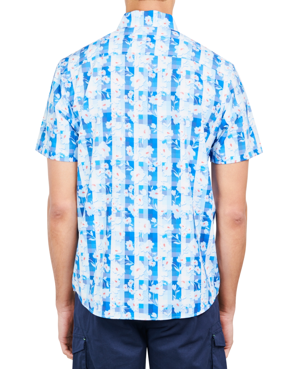 Society of Threads Men's Slim-Fit Performance Stretch Gingham Floral Short-Sleeve Button-Down Shirt