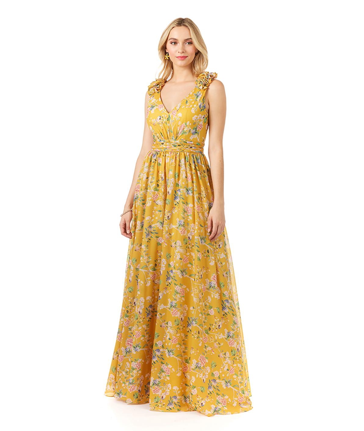 70s Prom, Formal, Evening, Party Dresses Womens V-Neck Long Print Gown with Straps - Yellow print $298.00 AT vintagedancer.com