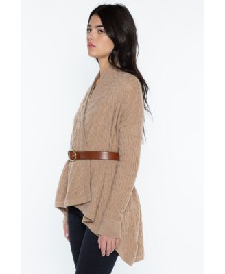 Women's 100% Pure Cashmere 4-ply Cable-knit Drape-front Open Cardigan Sweater