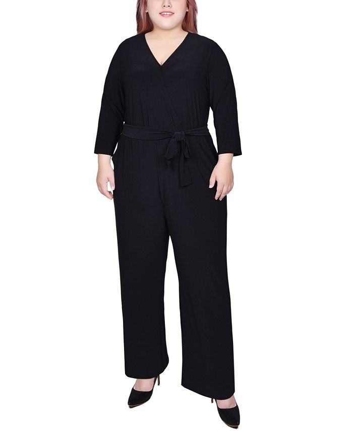 NY Collection Plus Size 3/4 Sleeve Belted Jumpsuit - Macy's