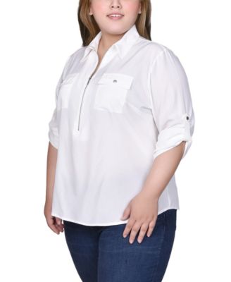 Plus Size 3/4 Roll Tab Sleeve Zip Front Top