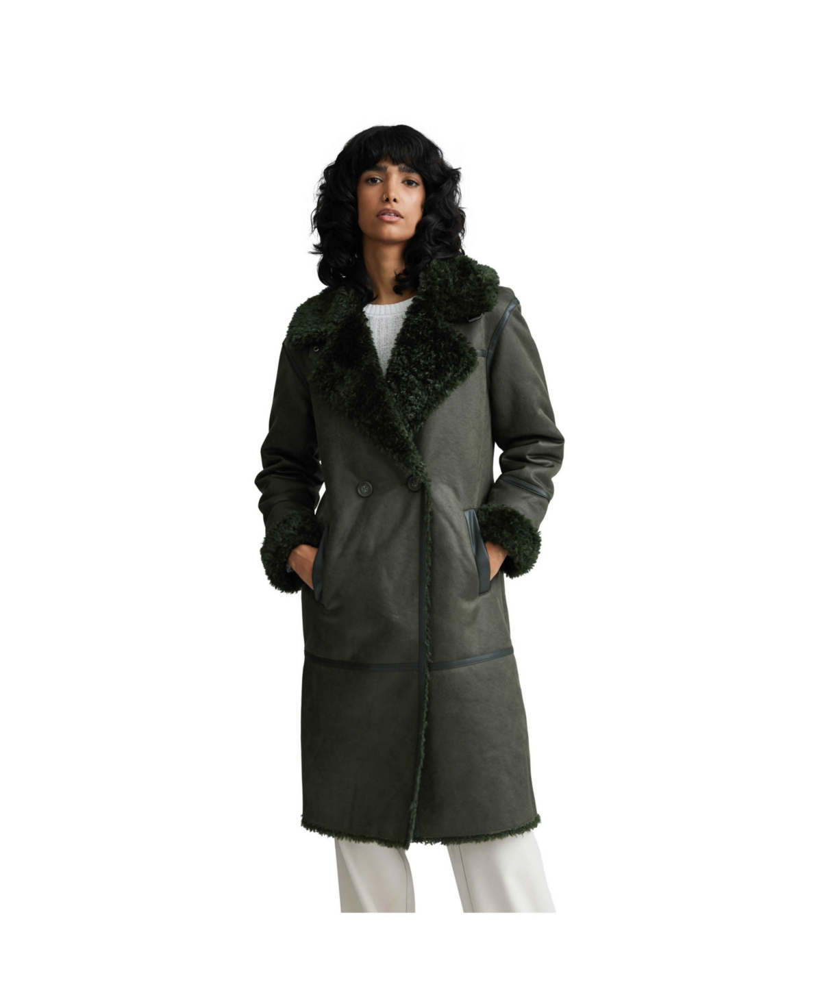 Women's Shearling Double Breasted Long Coat - Olive