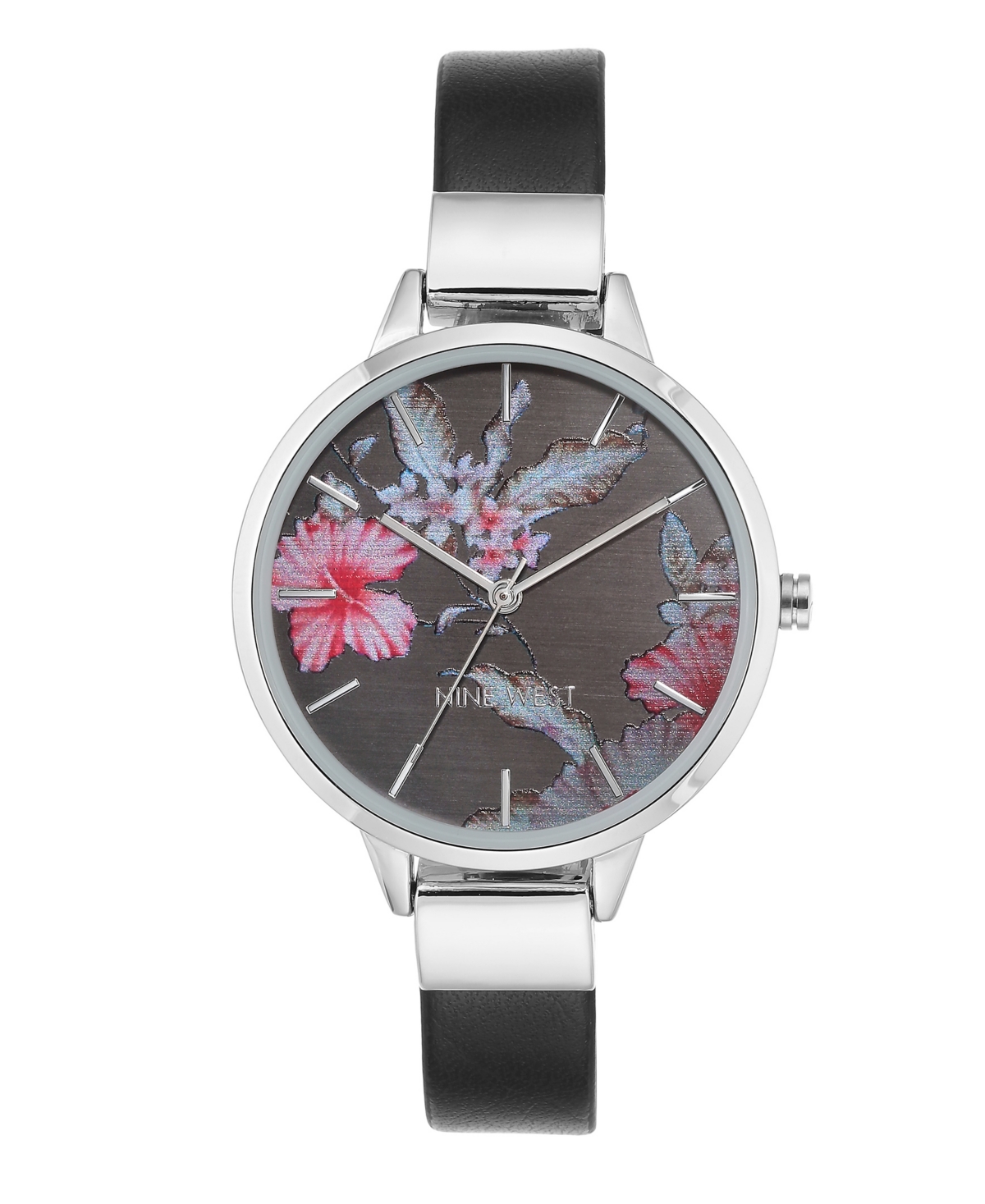 Nine West Women's Quartz Black Faux Leather Band And Floral Pattern Watch, 38mm In Black,silver-tone