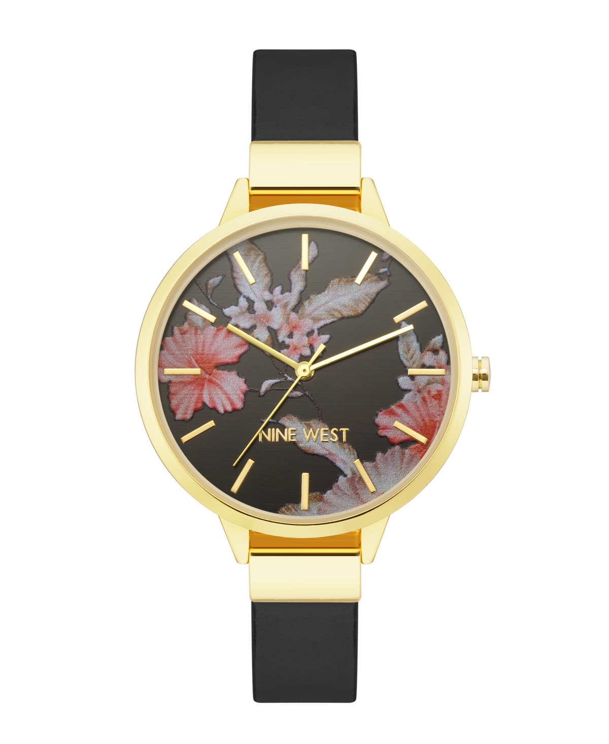 Nine West Women's Quartz Black Faux Leather Band And Floral Pattern Watch, 38mm In Black,gold-tone
