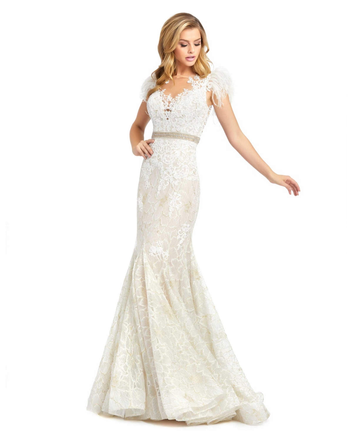 Women's Embellished Feather Cap Sleeve Illusion Neck Trumpet Gown - Ivory nude