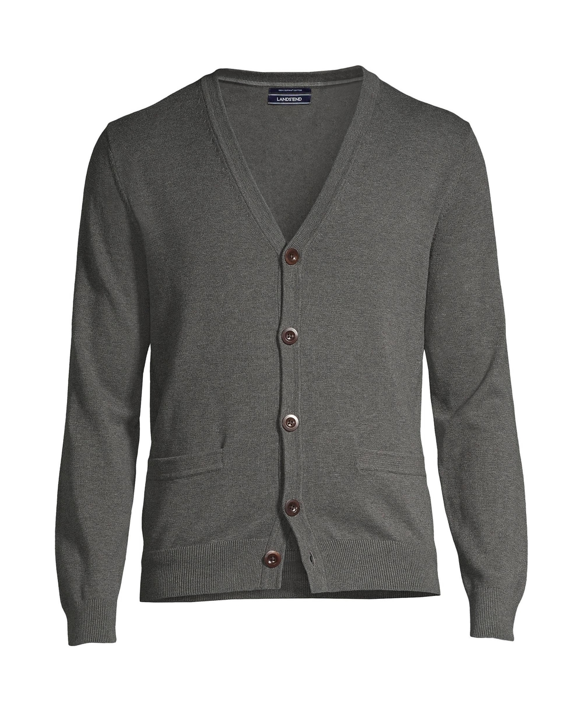 Lands End Mens Fine Gauge Supima Cotton V-Neck Cardigan Sweater - Charcoal heather