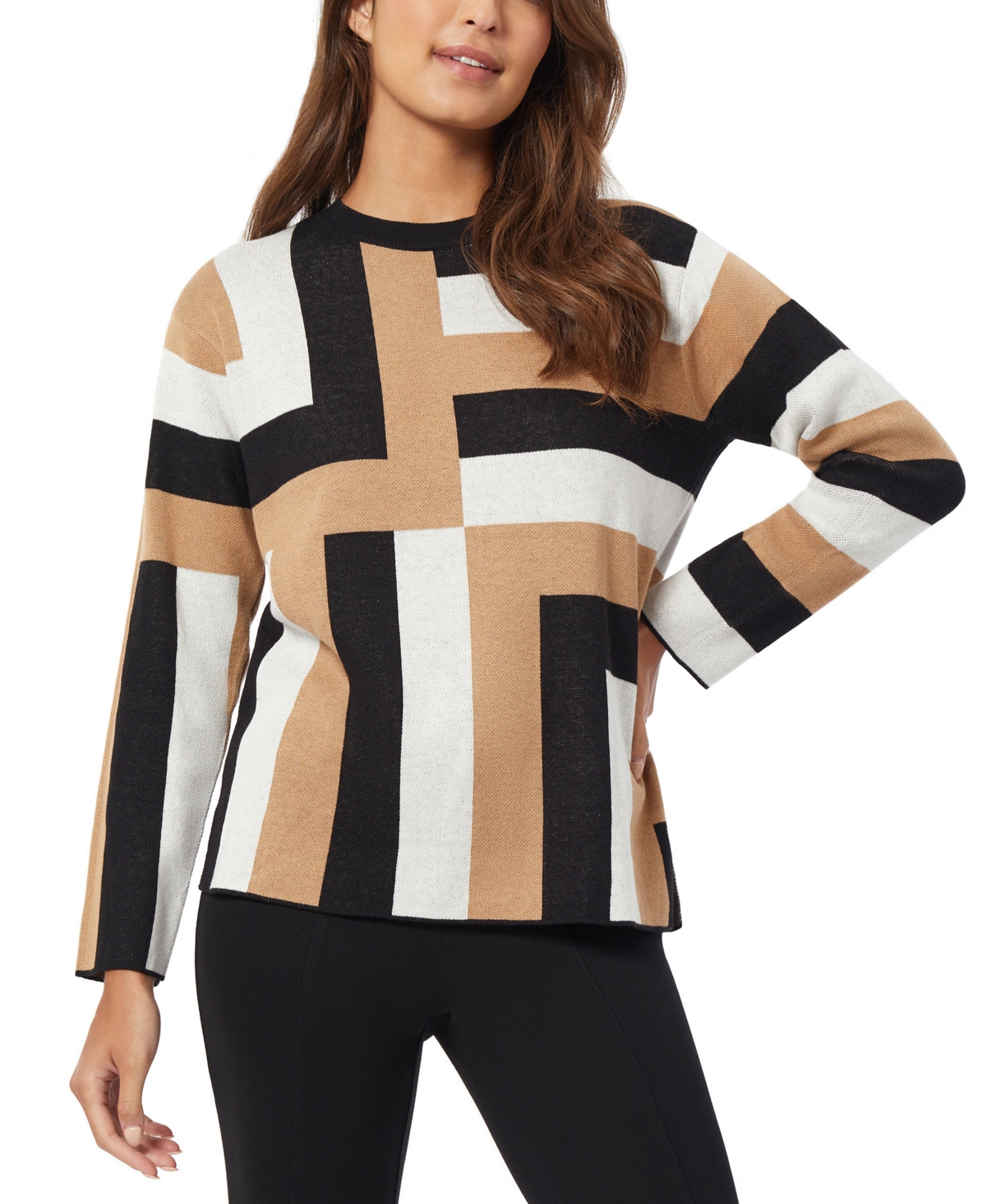 Shop Jones New York Women's Jacquard Geo Crewneck Sweater In Praline Multi