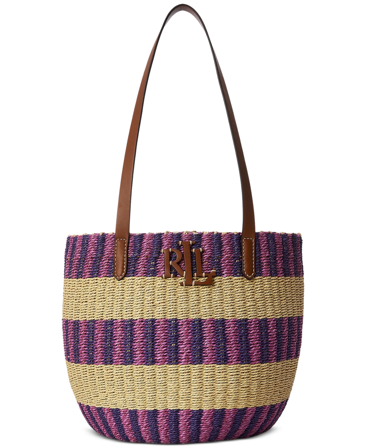 Shop Lauren Ralph Lauren Striped Straw Medium Hartley Tote Bag In Natural,purple Jspr Mlt,lrn Tn