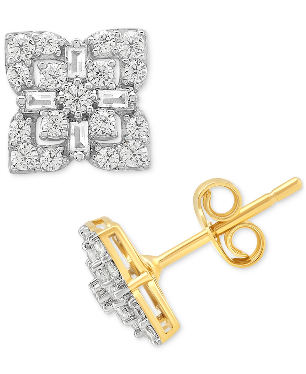 Macy's Diamond Round & Baguette Cluster Studs Earrings (1/2 Ct. T.w.) In 10k Gold In Yellow Gold