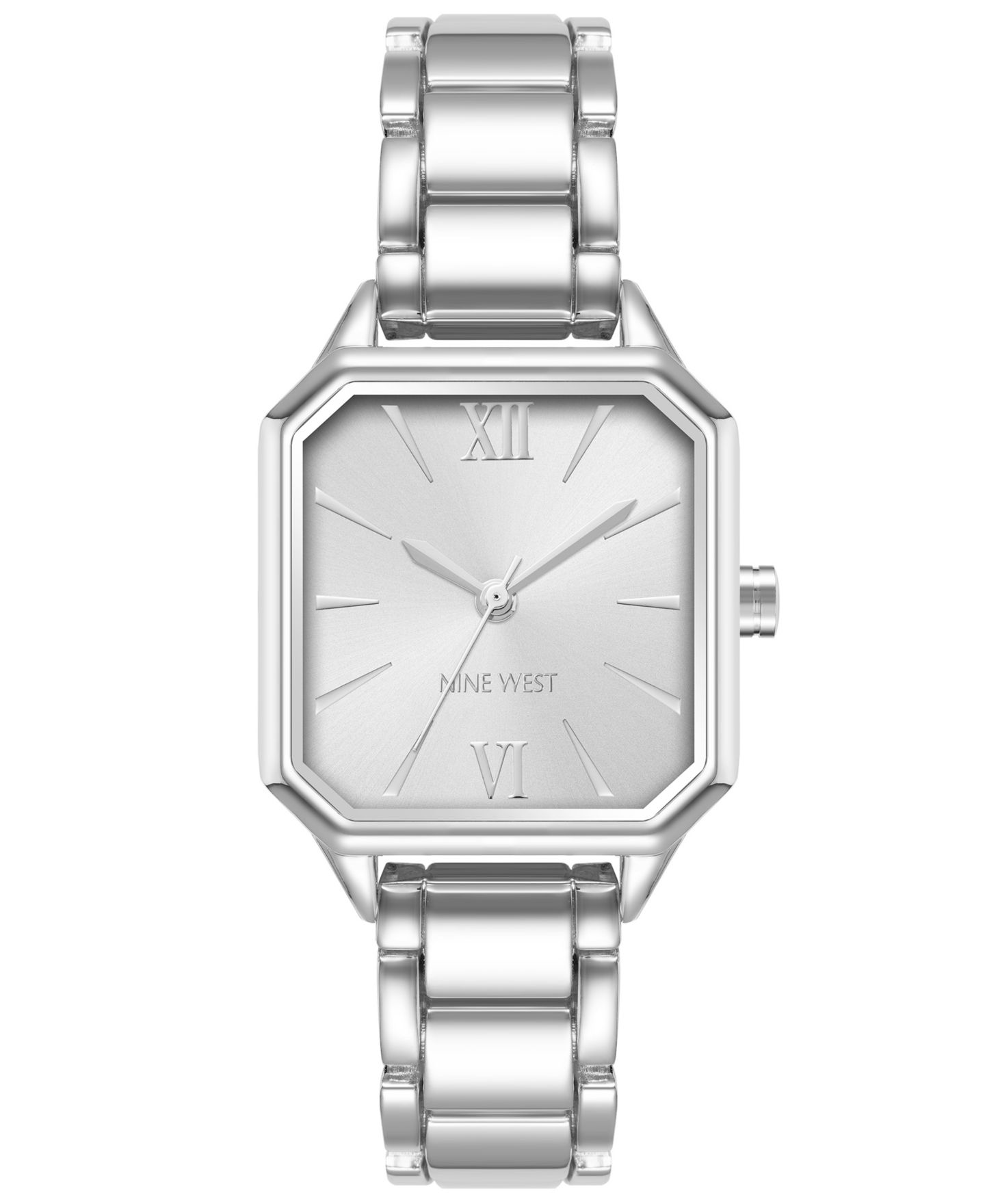Женские часы Nine West Quartz Square Silver-Tone Alloy Link Bracelet Watch, 27mm — фото 1