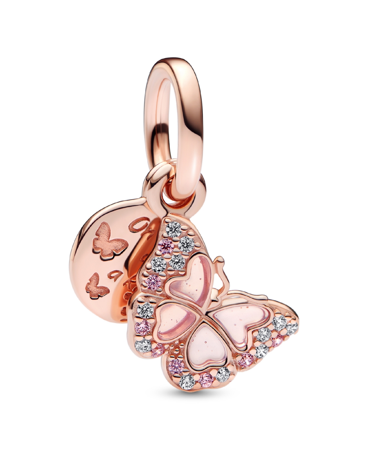 Cubic Zirconia Pink Butterfly Quote Double Dangle Charm - Rose Gold