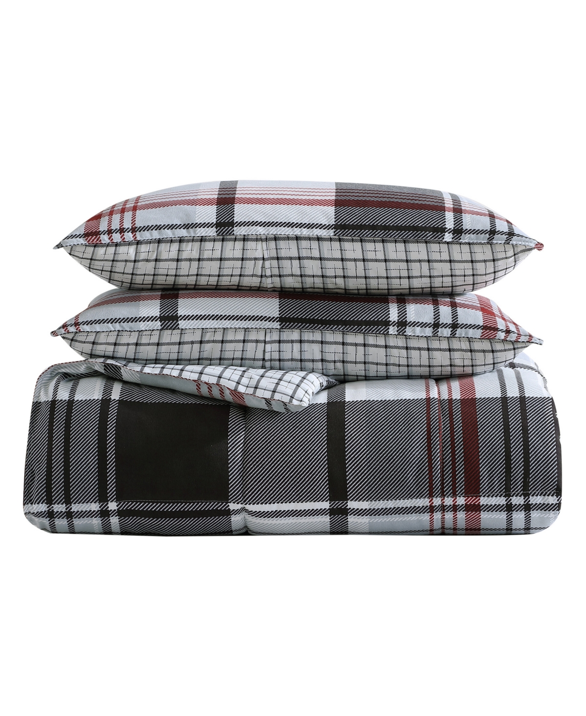 Eddie Bauer Closeout!  Normandy Plaid Micro Suede Reversible 3 Piece Duvet Cover Set, Full/queen In Black Red