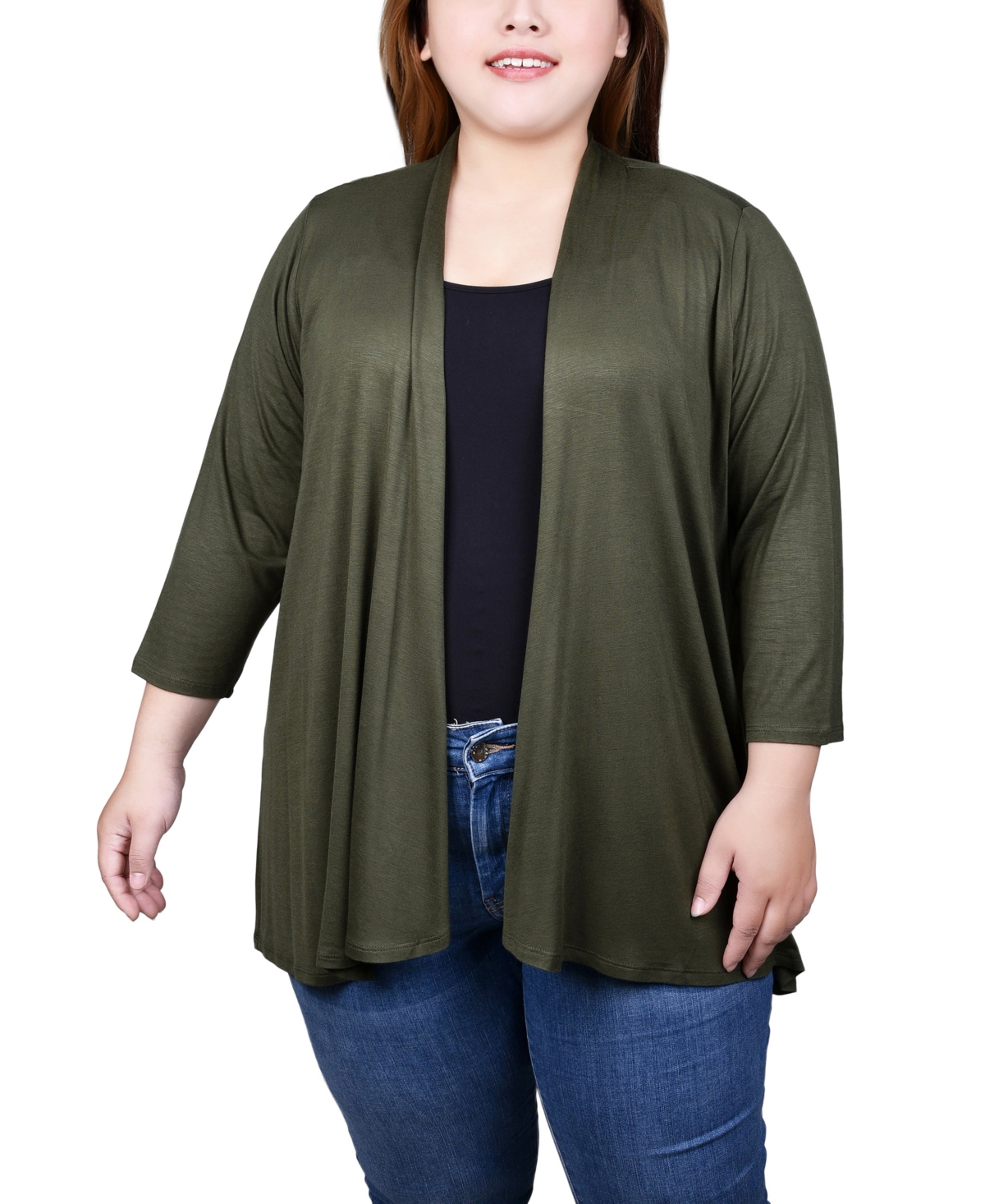 Shop Ny Collection Plus Size Draped Open-front Cardigan Sweater In Olivine