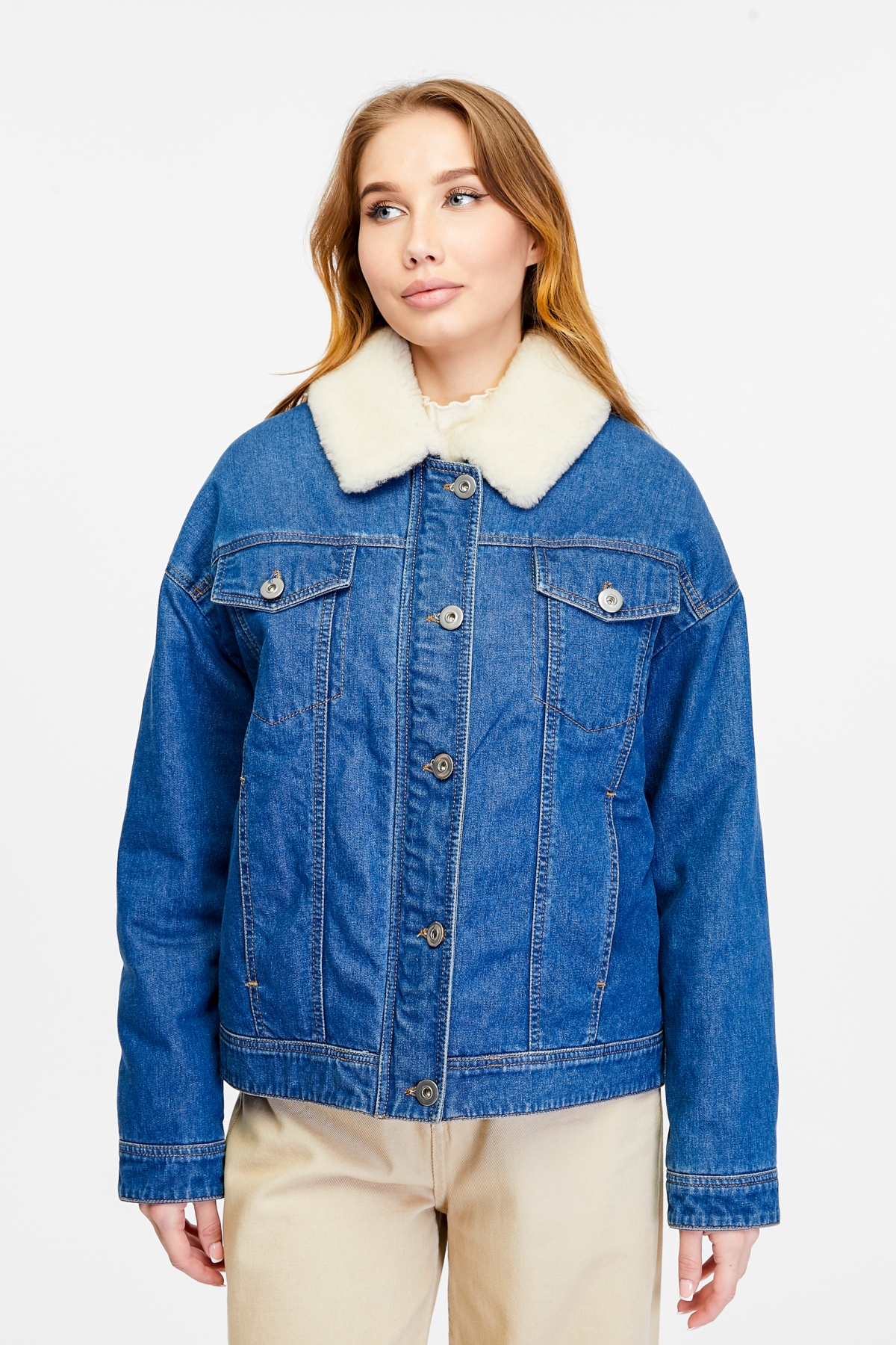 Women's Denim Shearling Jacket, White Wool - Dark blue
