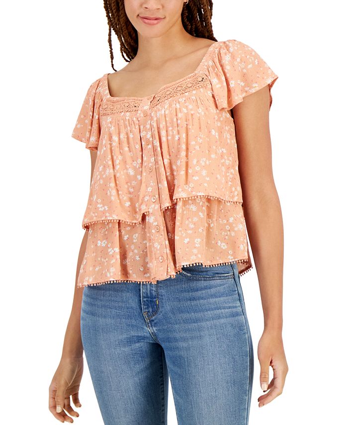 Self Esteem Juniors' Button-front Tiered Peasant Top In Almost Apricot