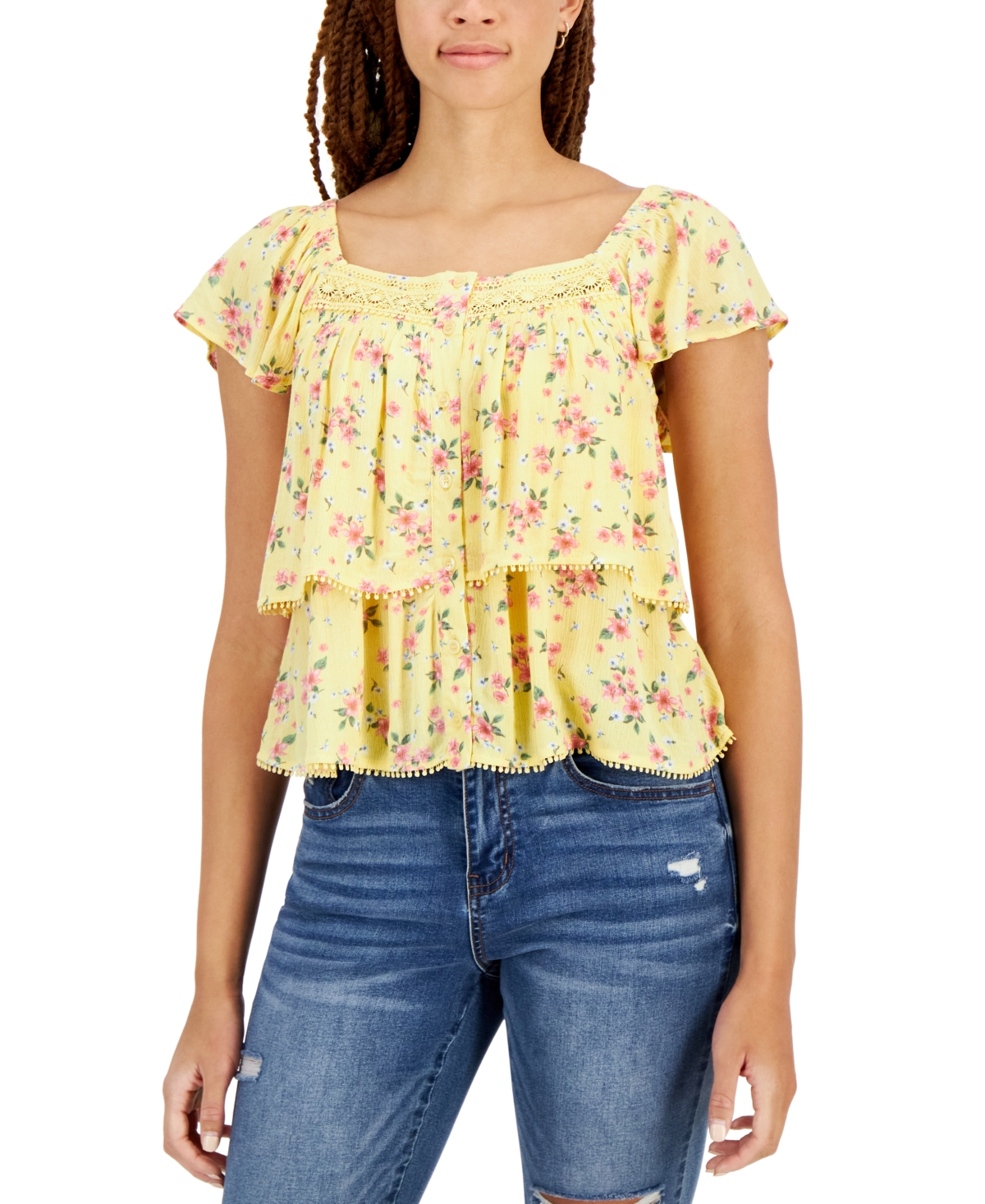 Juniors' Button-Front Tiered Peasant Top - Snow White