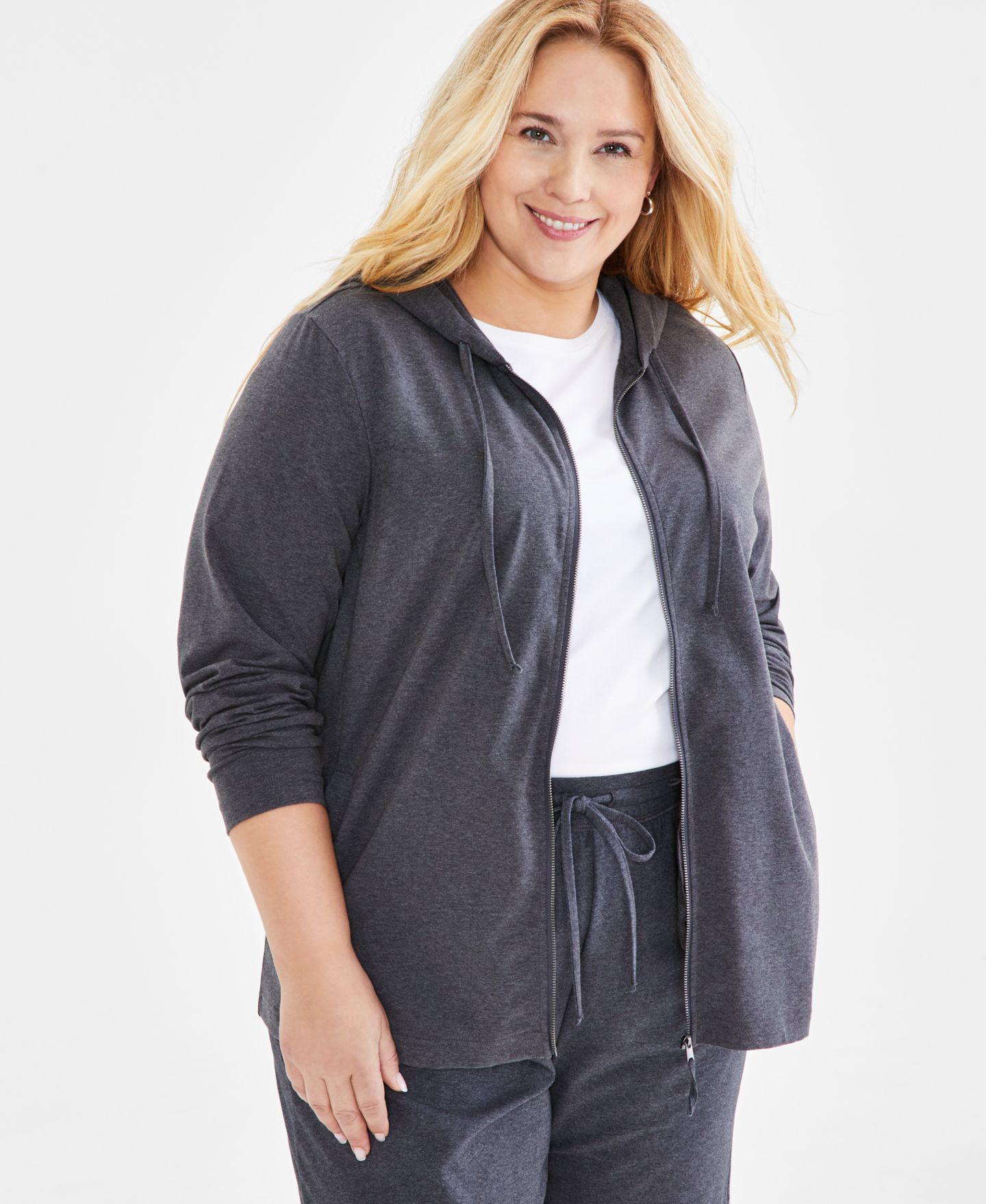 Женское худи Style & Co Zip-Front Hooded, цвет: Угольный меланжевый — фото 1