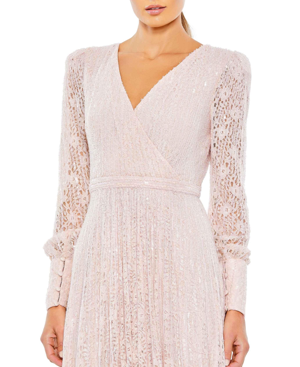 Women's Beaded Lace Long Sleeve Wrap Over Gown