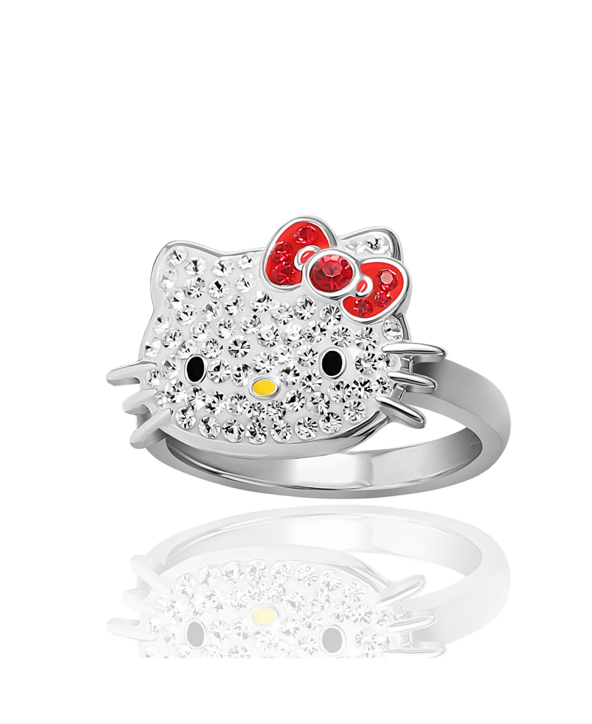 Sanrio Hello Kitty Silver Plated Crystal Accessories Jewelry Ring - Size 5 - Silver tone, red, yellow