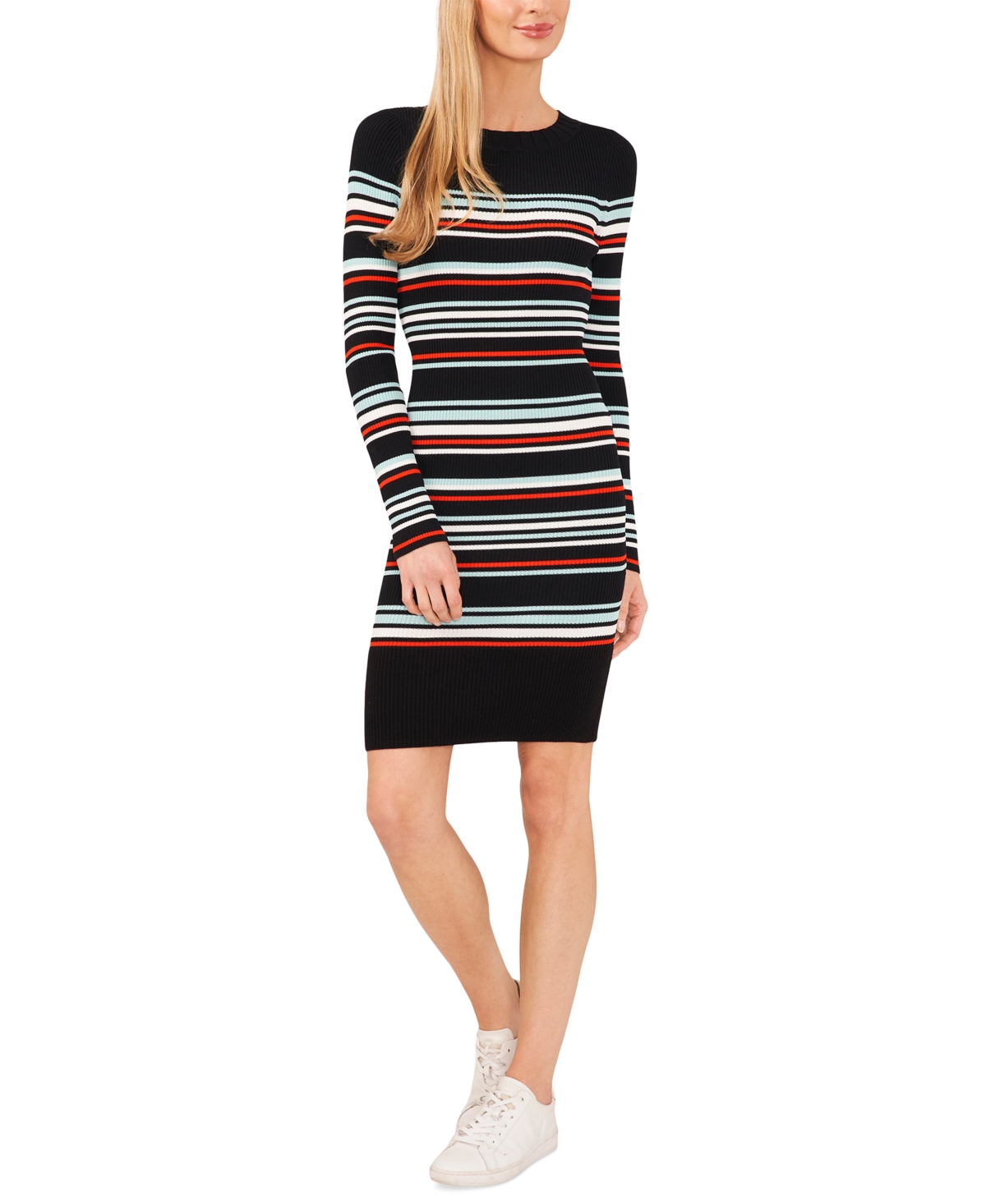 Cece Women's Striped Rib Knit Sweater Dress In Rich Black