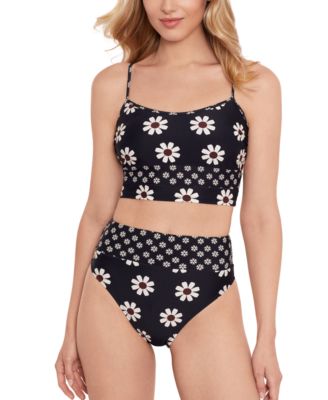 Salt + Cove Salt Cove Juniors Daisy Print Cropped Bikini Swim Top High Waist Bikini Bottoms Created For Macys In Black Multi