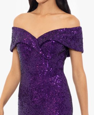 xscape sequin dress XSCAPE Women's Off-The-Shoulder Side-Slit Sequin Gown
