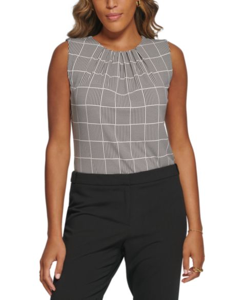 Женская блузка Calvin Klein Printed Pleat-Neck Blouse, цвет: Чёрный кремовый